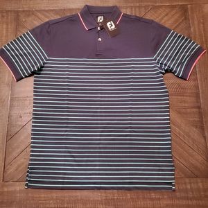 Footjoy Breton Stripe Stretch Pique M Golf Polo Knit Collar Navy Sea Green FJ